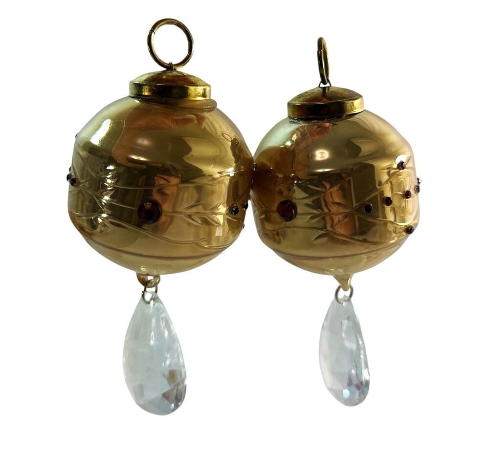 Set of 2 Gold Glass Ball Christmas Ornaments Rhinestones Teardrop Dangles 4.5”